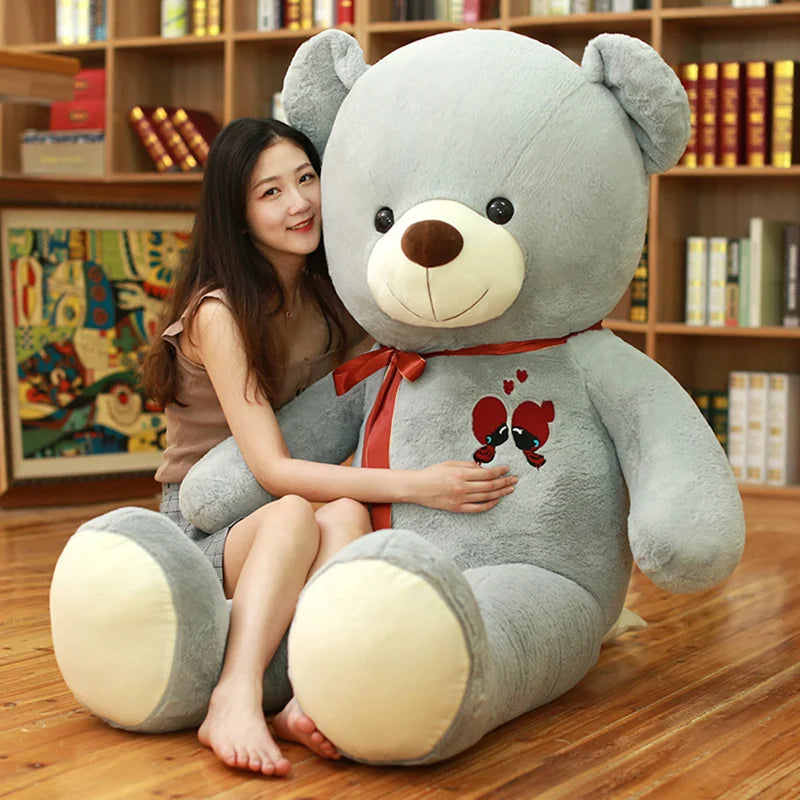 Cute Giant Grey Teddy Bear Plush Toy Soft Stuffed Bear Doll with Heart Embroidery Perfect Birthday Christmas Gift for Kids Decor