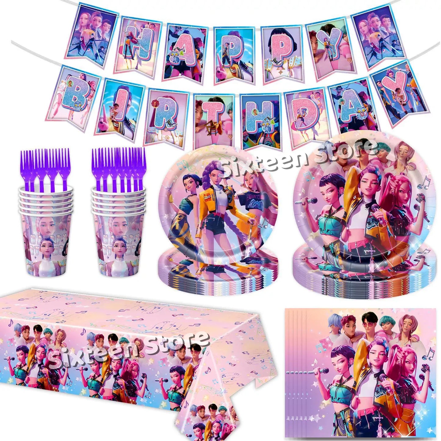 Demones Hunt Cartoon Anime Party Supplies Cutlery Set with Warrior Banner Plate Cake Topper K--Pop Cup for Birthday Party supply