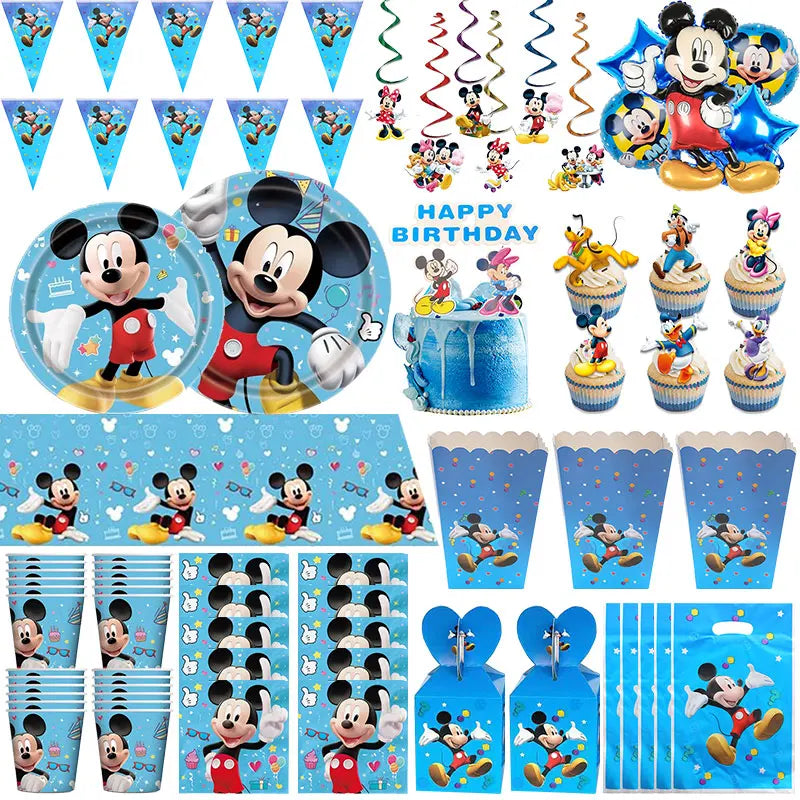 Mickey Mouse Birthday Party Decoration Blue Mickey Tableware Cups Plates Balloons Backdrop Pannents Gift Bag Kids Party Supplies
