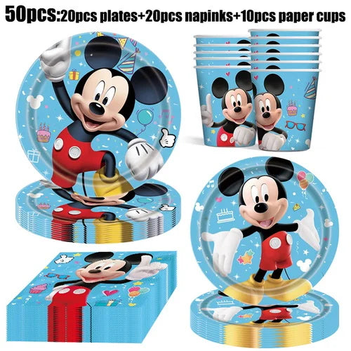 Mickey Mouse Birthday Party Decoration Blue Mickey Tableware Cups Plates Balloons Backdrop Pannents Gift Bag Kids Party Supplies