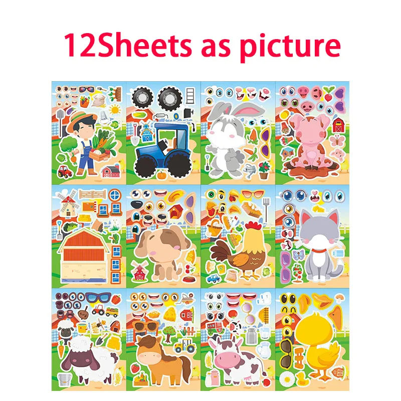 Farm Animal Make a Face Sticker Sheets for Kids Todders Activities Cute Cartoon Puzzle Stickers Birthday Party Favor Crafts Toys