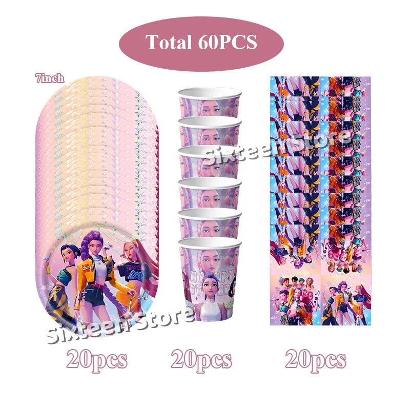 Demones Hunt Cartoon Anime Party Supplies Cutlery Set with Warrior Banner Plate Cake Topper K--Pop Cup for Birthday Party supply