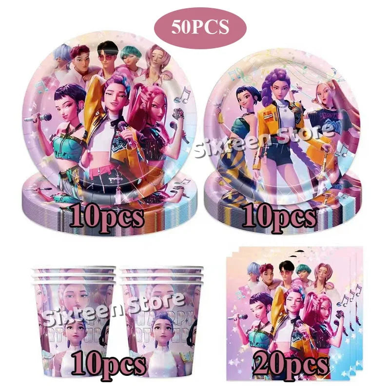 Demones Hunt Cartoon Anime Party Supplies Cutlery Set with Warrior Banner Plate Cake Topper K--Pop Cup for Birthday Party supply