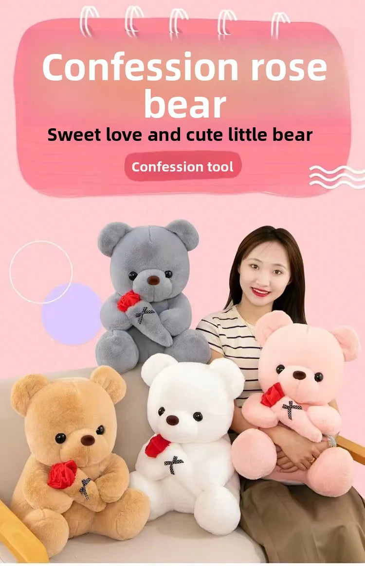 Cute Rose Bear Plush Toy Stuffed Animal Doll Romantic Gift for Girlfriend Valentines Day Birthday Anniversary Present