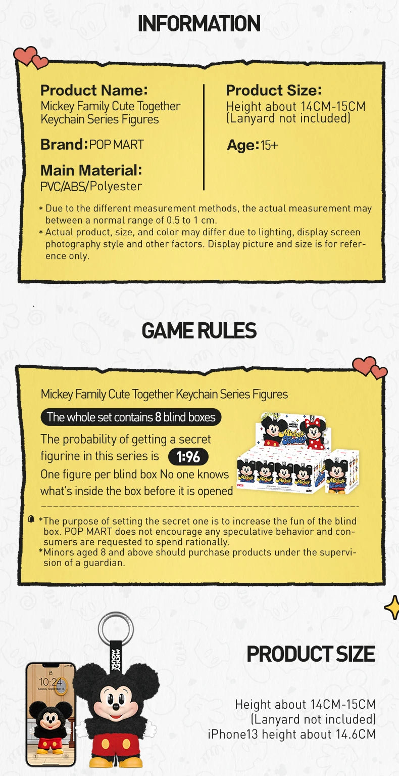 POP MART Mickey Family Cute Together Keychain Series Blind Box Mystery Box Original Toy Doll Cute Anime Figure Desktop Ornament