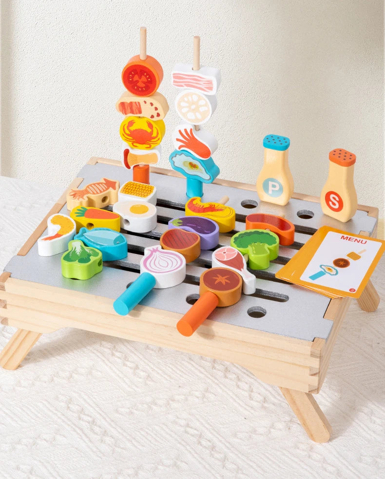 Montessori Wooden Pretend Play Kitchen Toys Dessert Puzzle Toys Simulation Barbecue Pretend Role Indoor Game For Toddlers Age 3+