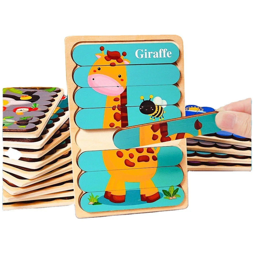 Double Sided Strip 3D Puzzles Baby Toy Wooden Montessori Materials Educational Toys For Children Large Bricks Kids Learning Toys