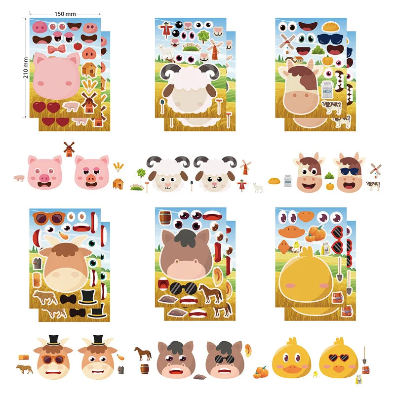 Farm Animal Make a Face Sticker Sheets for Kids Todders Activities Cute Cartoon Puzzle Stickers Birthday Party Favor Crafts Toys