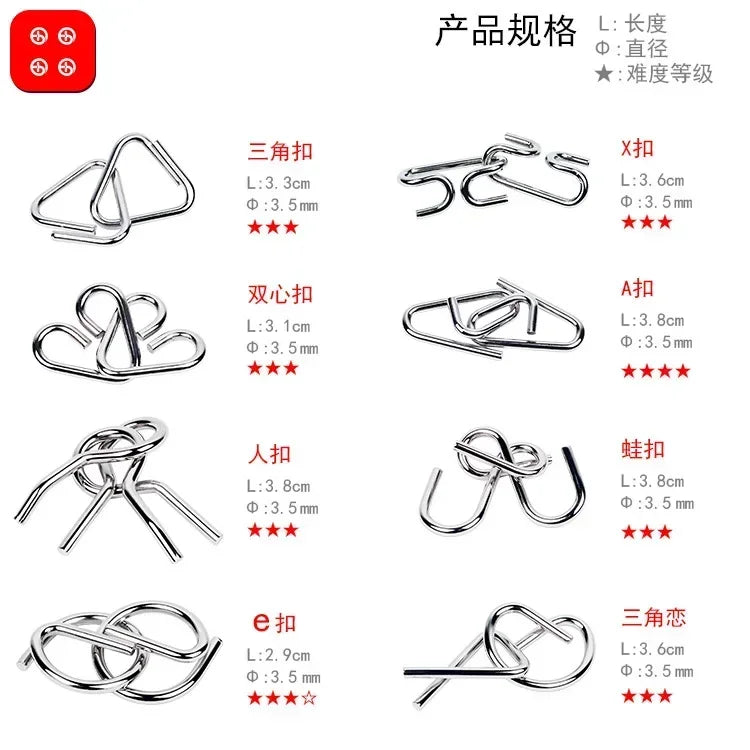 8Pcs/Set Metal Montessori Puzzle Wire Mind Brain Teaser Puzzles Children Adults Interactive Game Reliever Educational Toy