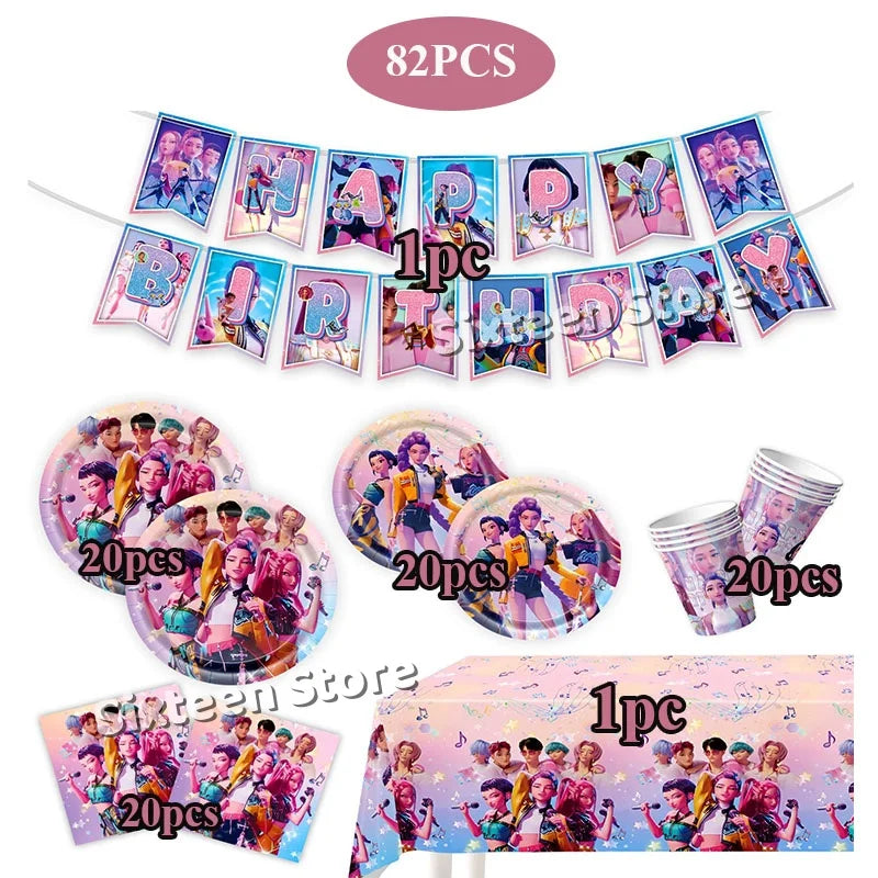 Demones Hunt Cartoon Anime Party Supplies Cutlery Set with Warrior Banner Plate Cake Topper K--Pop Cup for Birthday Party supply