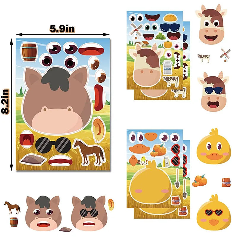 Farm Animal Make a Face Sticker Sheets for Kids Todders Activities Cute Cartoon Puzzle Stickers Birthday Party Favor Crafts Toys