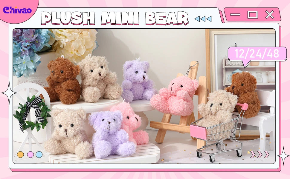 12-96PCS Mini Bear Plush Stuffed Small Teddy Bear Bulk Animal Toy Bear Doll Keychain for Baby Shower Birthday Gifts Party Favors
