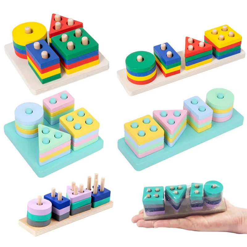 Kids Wooden Column Toys Building Blocks ﻿Geometric Shape Cognitive Montessori Early Childhood Education Intelligence Toy TMZ