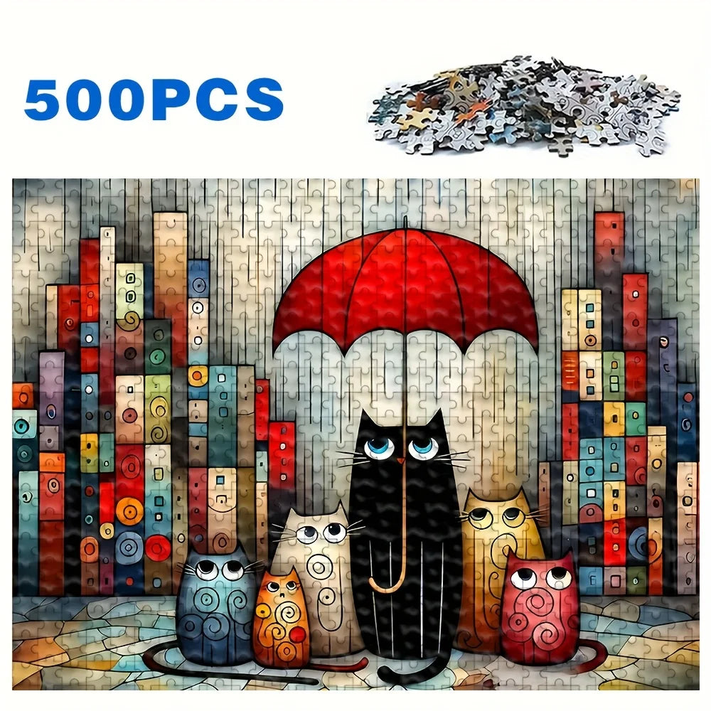 Cats Under Red Umbrella in City Rain Jigsaw Puzzle Adult Whimsical Theme Intellectual Game Home Leisure Decorative Puzzle Toy