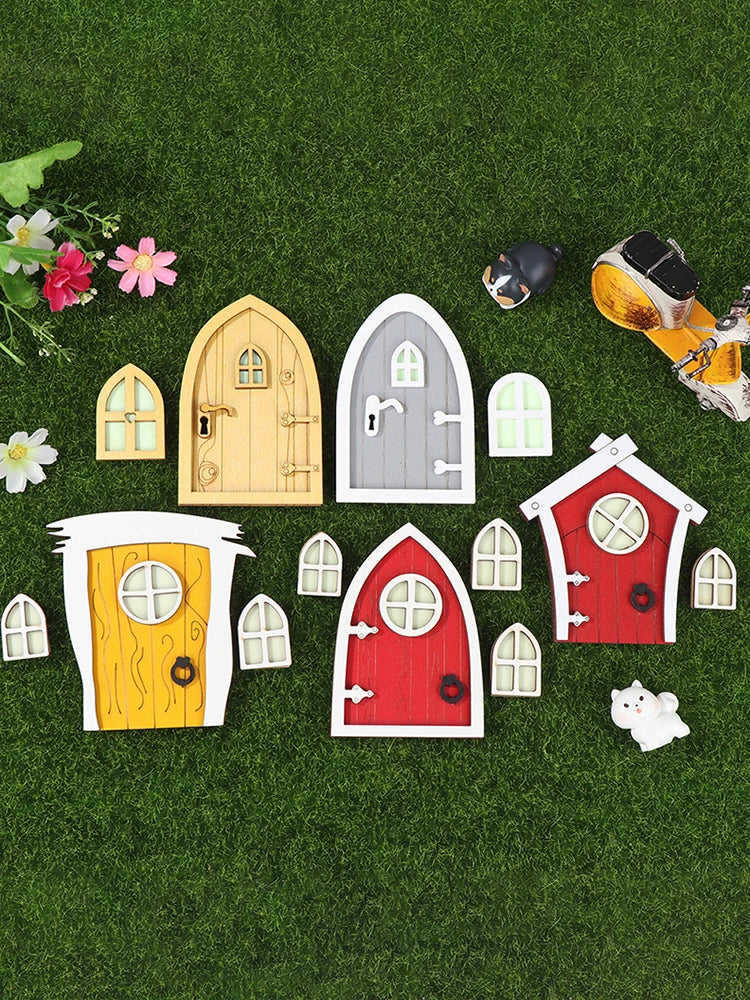1set Dollhouse Miniature Wooden Elf Door Fairy Gnome Window Door Model Doorknob Doll House Garden Decoration Toy Accessories