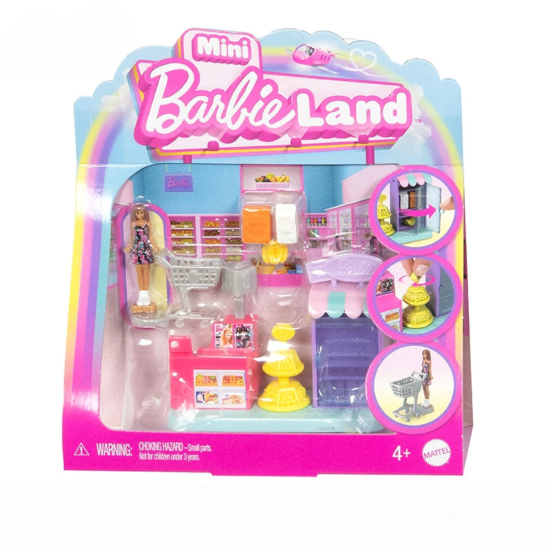 Original Barbie Mini Barbieland Doll Supermarket Bakery Toys for Girls Accessories House Hair Salon Pet Boutique Micro Furniture