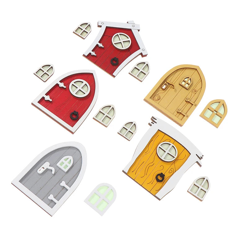 1set Dollhouse Miniature Wooden Elf Door Fairy Gnome Window Door Model Doorknob Doll House Garden Decoration Toy Accessories