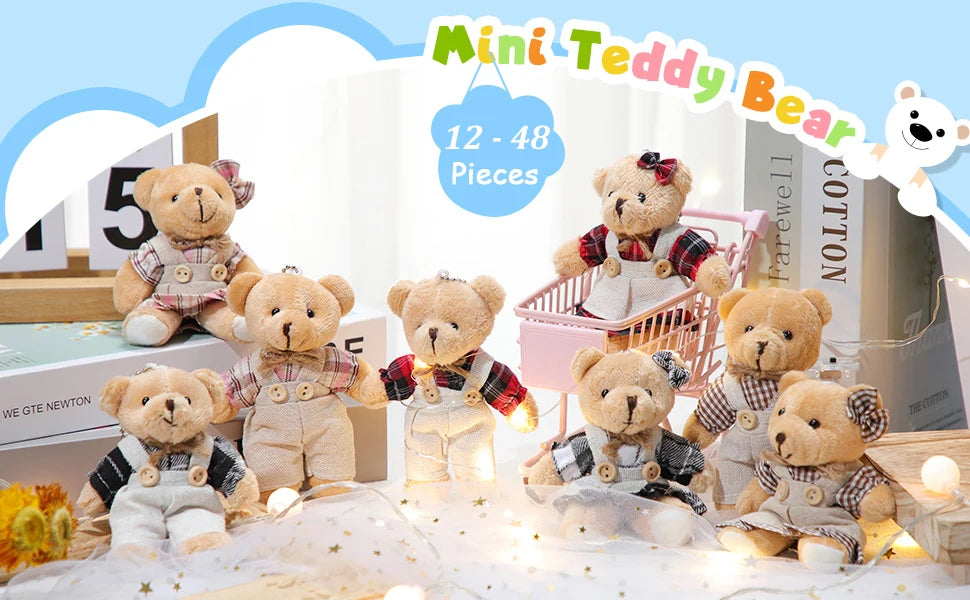 12-48Pcs Mini Joint Teddy Bear Stuffed Animal Plush Toys Wedding Gift Box Doll Toy for Birthday Cake Wedding Decor Party Favors