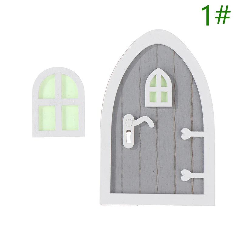 1set Dollhouse Miniature Wooden Elf Door Fairy Gnome Window Door Model Doorknob Doll House Garden Decoration Toy Accessories