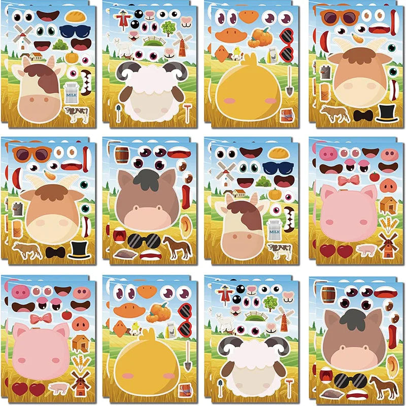Farm Animal Make a Face Sticker Sheets for Kids Todders Activities Cute Cartoon Puzzle Stickers Birthday Party Favor Crafts Toys
