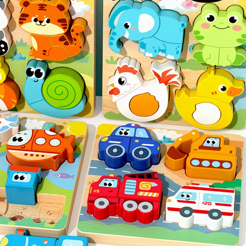 4-in-1 Wooden Toys 3D Wood Puzzle Cartoon Animals Cognitive Jigsaw Puzzle Early Learning Educational Toys For Children Gift