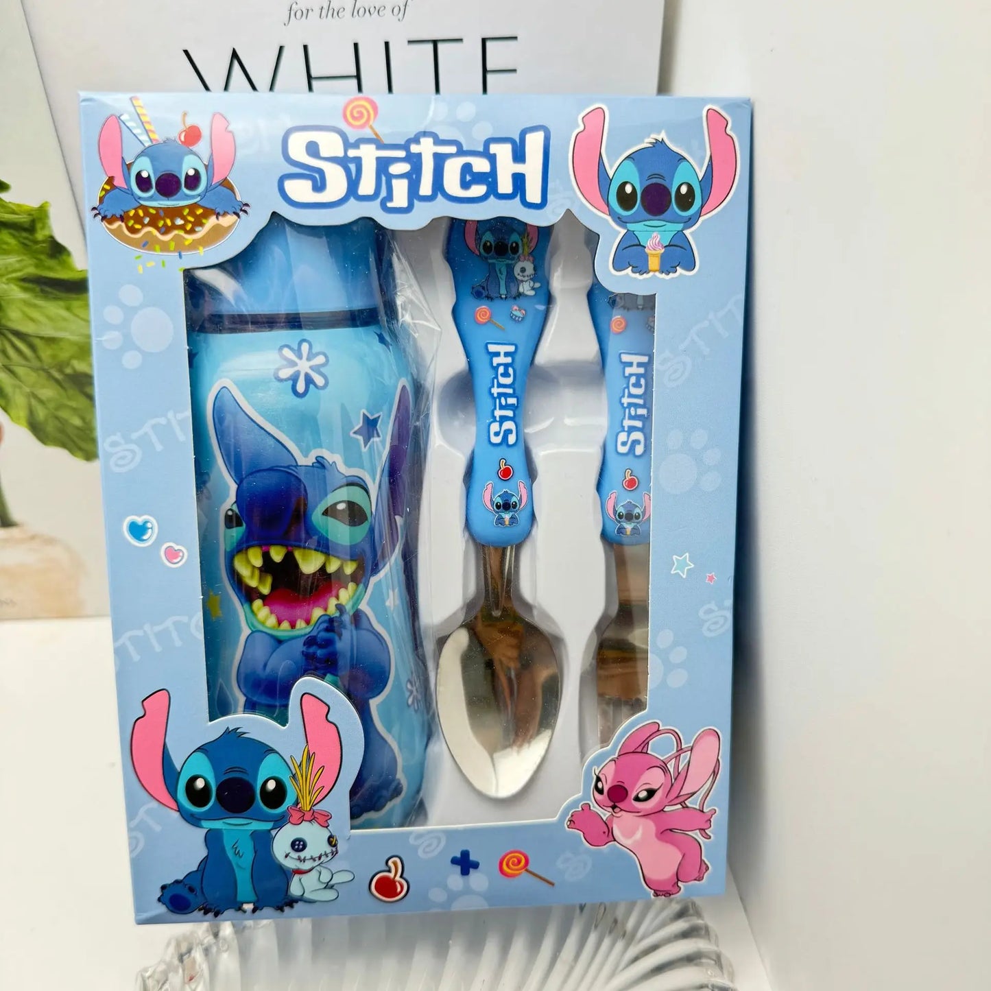 Disney Stitch Mcqueen 95 Car Water Bottle Set Cartoon Cute Children'S Spoon Fork Water Cup Kids Outdoors Portable Tableware Gift