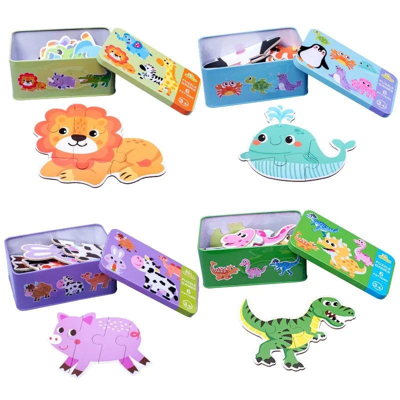 Baby Puzzle Montessori Educational Toys Wood Puzzle Animal Matching Games Iron Box Wooden Puzzles For Children Kids 2 3 4 Years