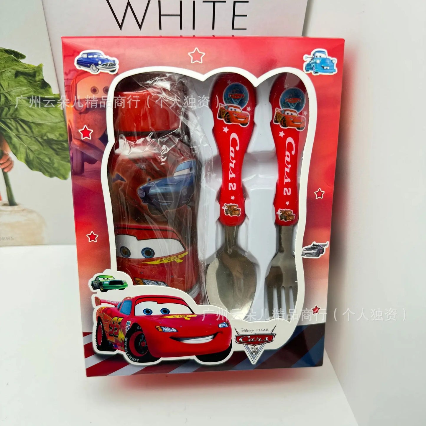 Disney Stitch Mcqueen 95 Car Water Bottle Set Cartoon Cute Children'S Spoon Fork Water Cup Kids Outdoors Portable Tableware Gift