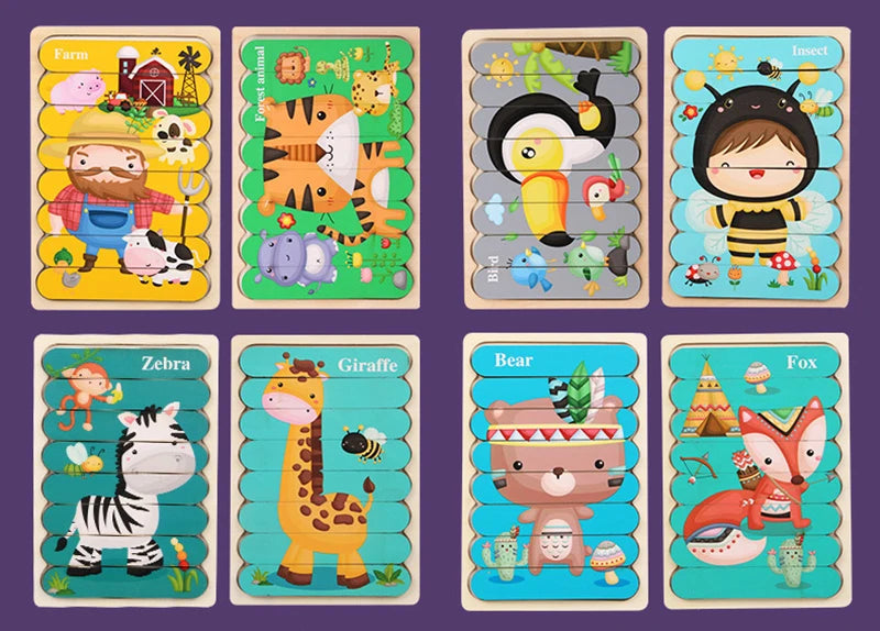 Double Sided Strip 3D Puzzles Baby Toy Wooden Montessori Materials Educational Toys For Children Large Bricks Kids Learning Toys