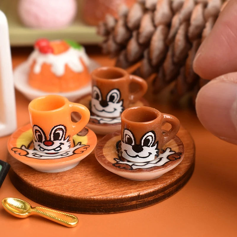 3set Miniature Dollhouse Cartoon Squirrel Coffee Cup Drinks Kitchen Food For Doll Accessories Girl Toy