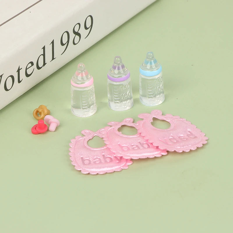 1set 1:12 Dolls House Miniature Baby Bottles Shampoo Bibs Set Nursery Accessory Gift Baby Bottles Set