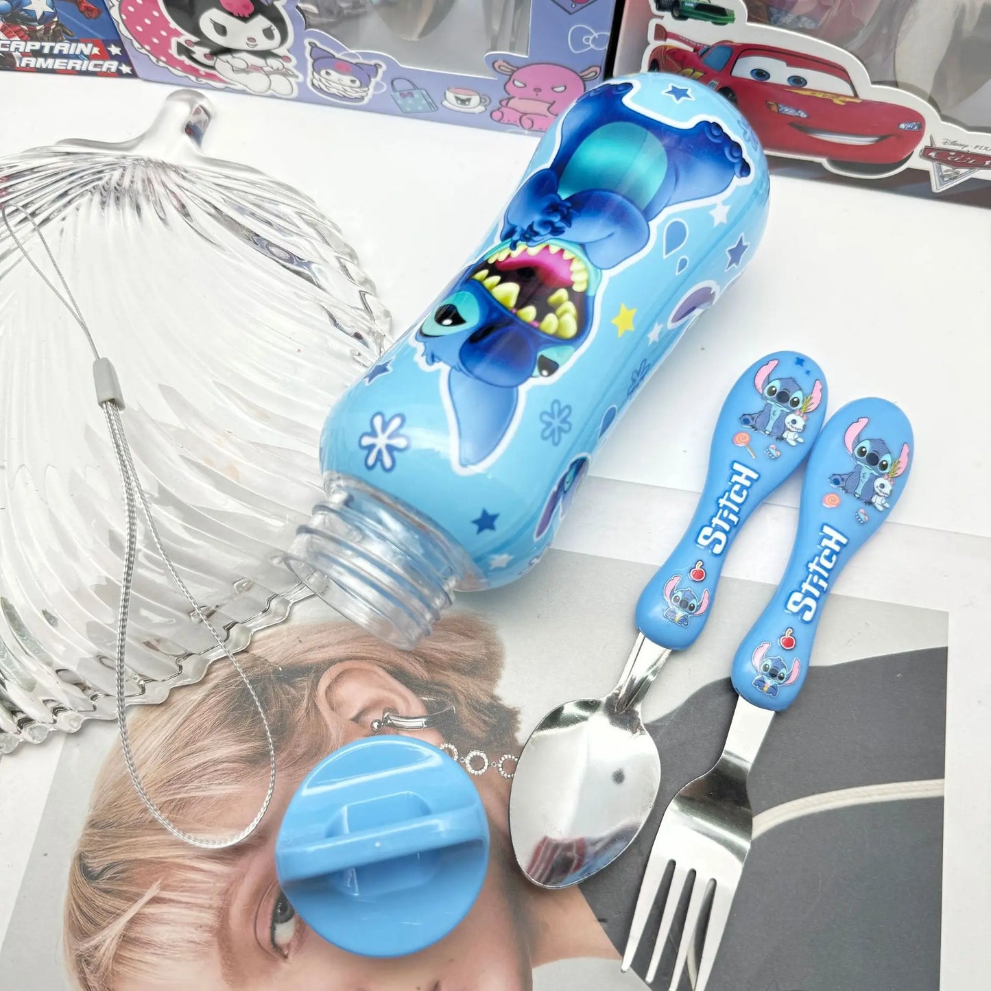 Disney Stitch Mcqueen 95 Car Water Bottle Set Cartoon Cute Children'S Spoon Fork Water Cup Kids Outdoors Portable Tableware Gift