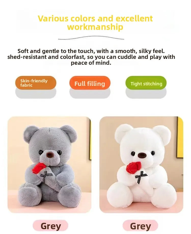 Cute Rose Bear Plush Toy Stuffed Animal Doll Romantic Gift for Girlfriend Valentines Day Birthday Anniversary Present