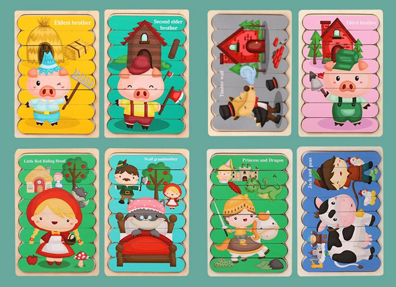 Double Sided Strip 3D Puzzles Baby Toy Wooden Montessori Materials Educational Toys For Children Large Bricks Kids Learning Toys