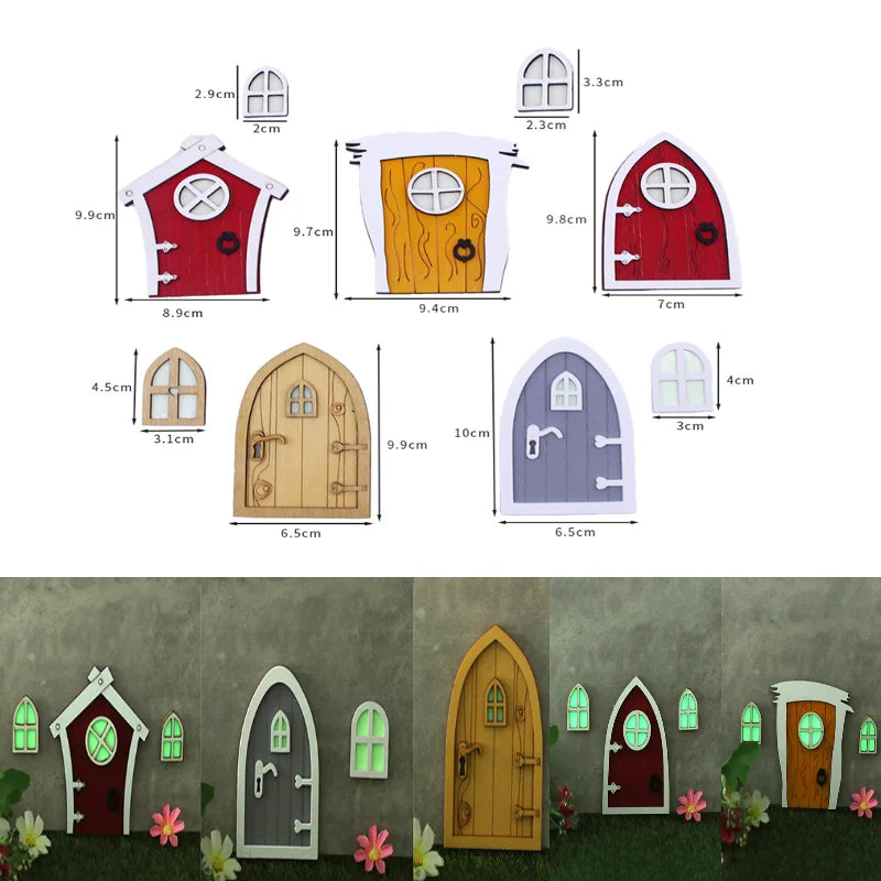 1set Dollhouse Miniature Wooden Elf Door Fairy Gnome Window Door Model Doorknob Doll House Garden Decoration Toy Accessories
