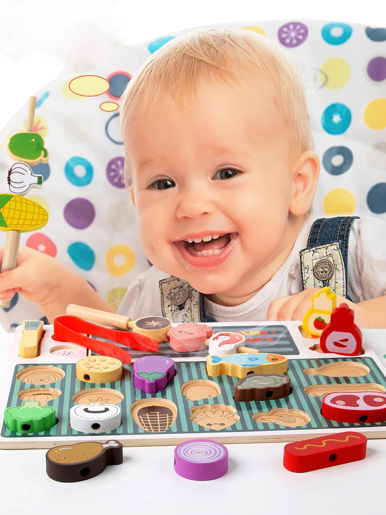 Montessori Wooden Pretend Play Kitchen Toys Dessert Puzzle Toys Simulation Barbecue Pretend Role Indoor Game For Toddlers Age 3+