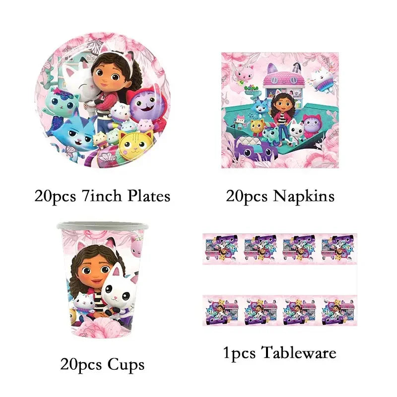 Gabby Dollhouse Cats Birthday Party Supplies Disposable Tableware Plates Cup Napkin Banner Tablecloth Cake Decoration Kids Gifts