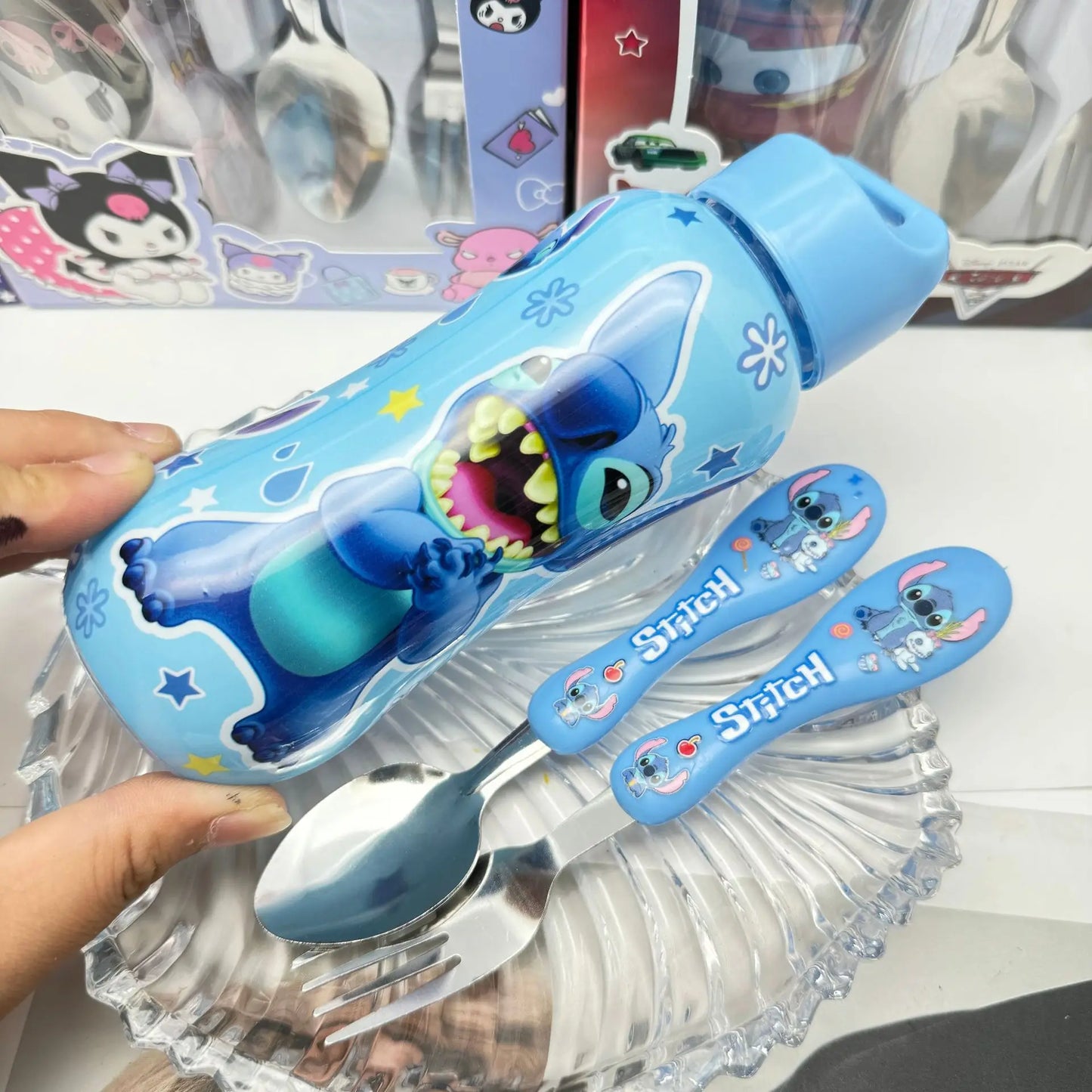 Disney Stitch Mcqueen 95 Car Water Bottle Set Cartoon Cute Children'S Spoon Fork Water Cup Kids Outdoors Portable Tableware Gift