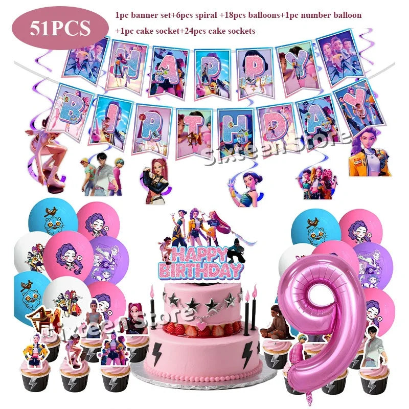 Demones Hunt Cartoon Anime Party Supplies Cutlery Set with Warrior Banner Plate Cake Topper K--Pop Cup for Birthday Party supply