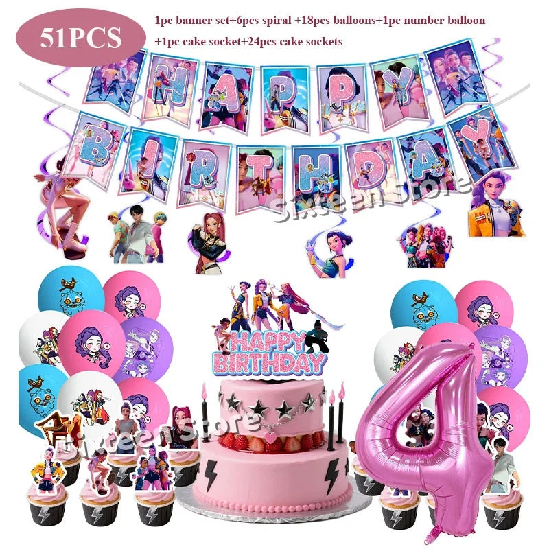 Demones Hunt Cartoon Anime Party Supplies Cutlery Set with Warrior Banner Plate Cake Topper K--Pop Cup for Birthday Party supply