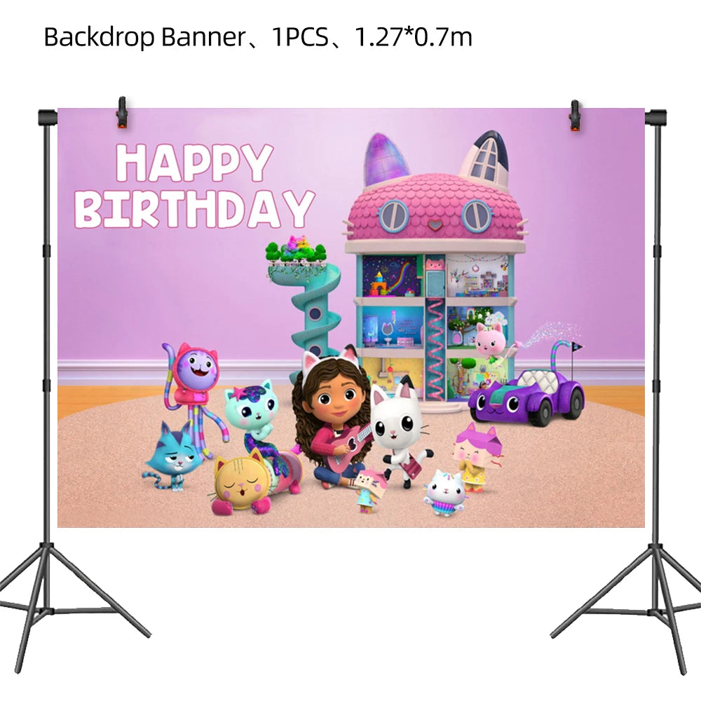 Gabby Dollhouse Cats Birthday Party Supplies Disposable Tableware Plates Cup Napkin Banner Tablecloth Cake Decoration Kids Gifts