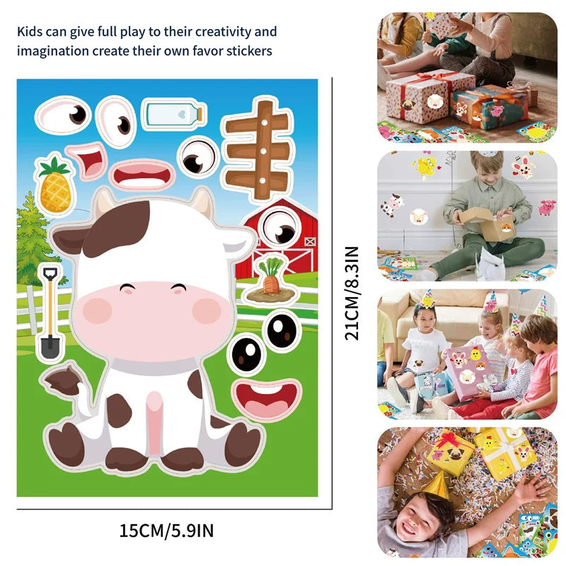 Farm Animal Make a Face Sticker Sheets for Kids Todders Activities Cute Cartoon Puzzle Stickers Birthday Party Favor Crafts Toys