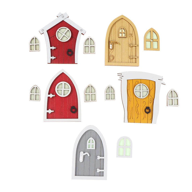 1set Dollhouse Miniature Wooden Elf Door Fairy Gnome Window Door Model Doorknob Doll House Garden Decoration Toy Accessories