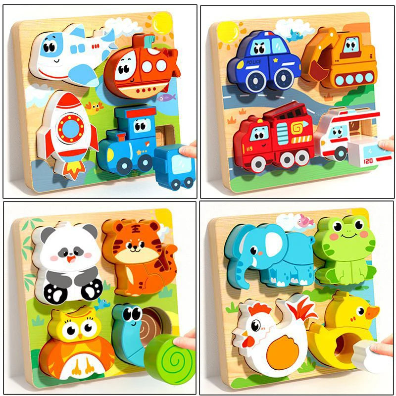 4-in-1 Wooden Toys 3D Wood Puzzle Cartoon Animals Cognitive Jigsaw Puzzle Early Learning Educational Toys For Children Gift