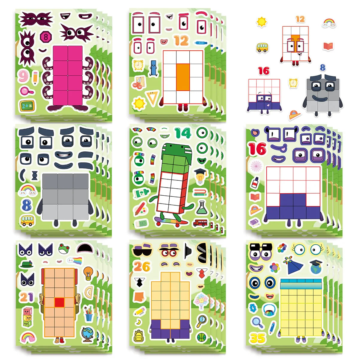 8/16Pcs Number Block Puzzle Make A Face Stickers Educational DIY Waterproof for Storage Box Drawer Guitar Stationery Box Decals