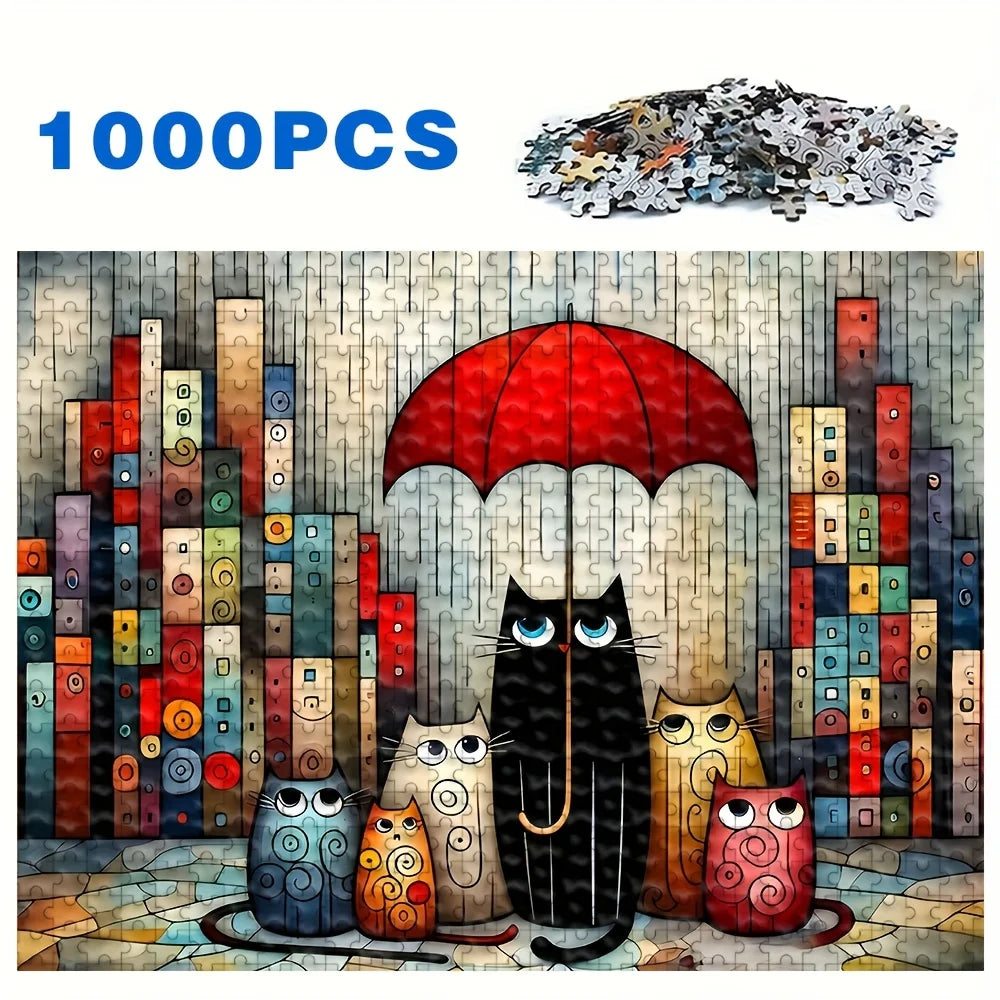Cats Under Red Umbrella in City Rain Jigsaw Puzzle Adult Whimsical Theme Intellectual Game Home Leisure Decorative Puzzle Toy