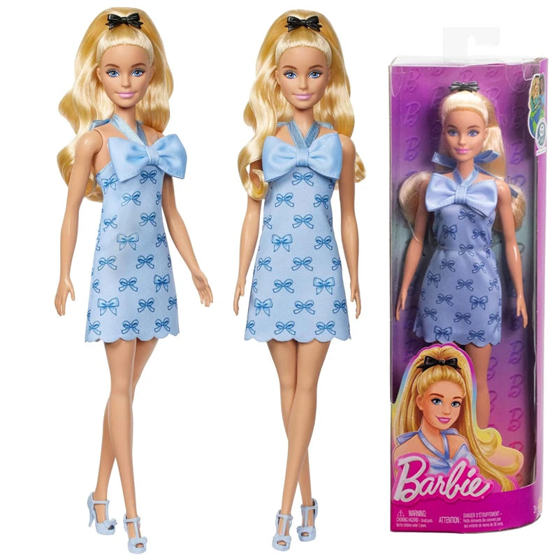 Genuine Barbie Fashionistas Blonde Wavy Ponytail Blue Bow Halter Skirt 1/6 Dress Up Doll Toys for Girl Clothes Shoes Accessories