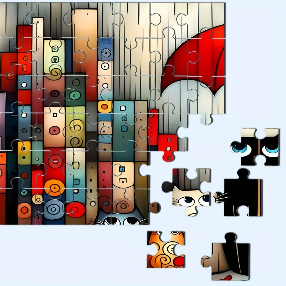 Cats Under Red Umbrella in City Rain Jigsaw Puzzle Adult Whimsical Theme Intellectual Game Home Leisure Decorative Puzzle Toy