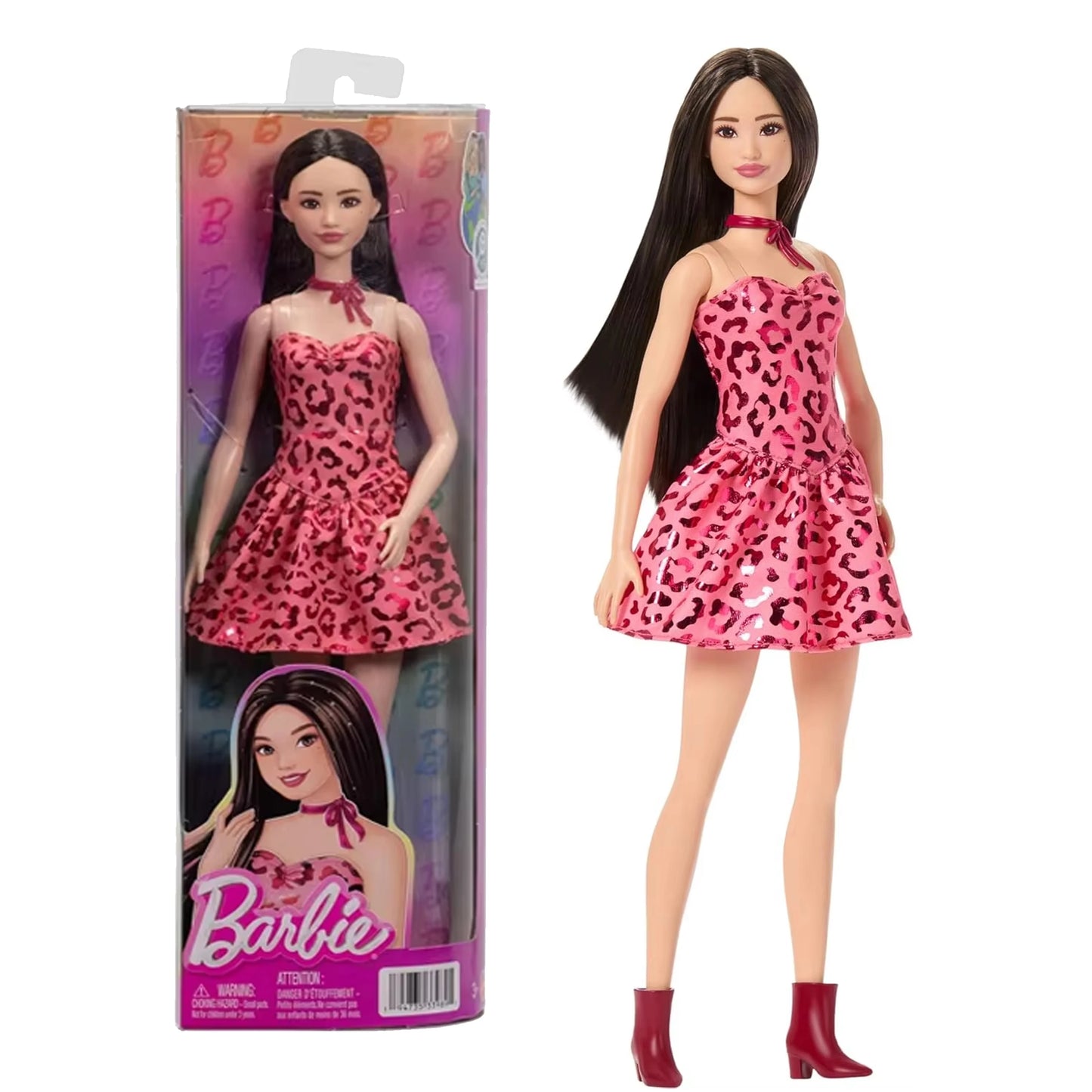 Genuine Barbie Fashionistas Doll Black Hair Leopard Print Dress Up Clothing Red Shoes Dream Princess Toys for Girls Accessories