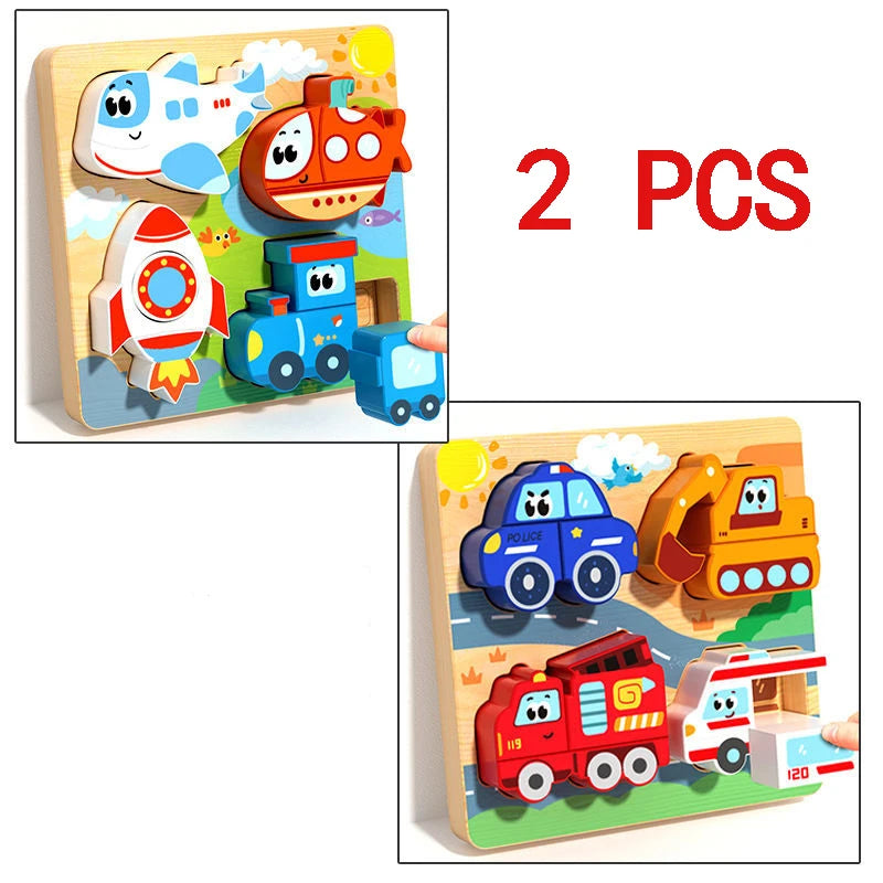 4-in-1 Wooden Toys 3D Wood Puzzle Cartoon Animals Cognitive Jigsaw Puzzle Early Learning Educational Toys For Children Gift